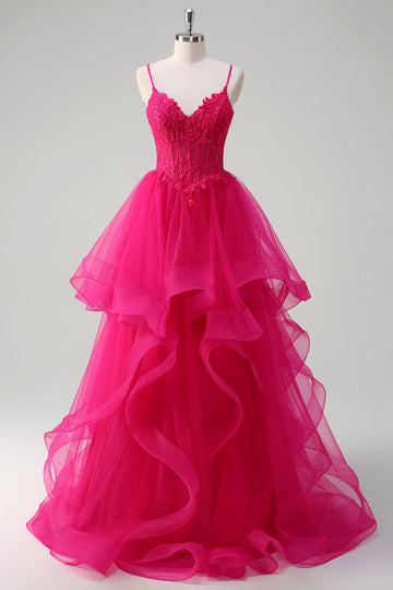 Hot Pink Appliques Korset Spaghetti Stropper A Line Spiral Flæser Gallakjole